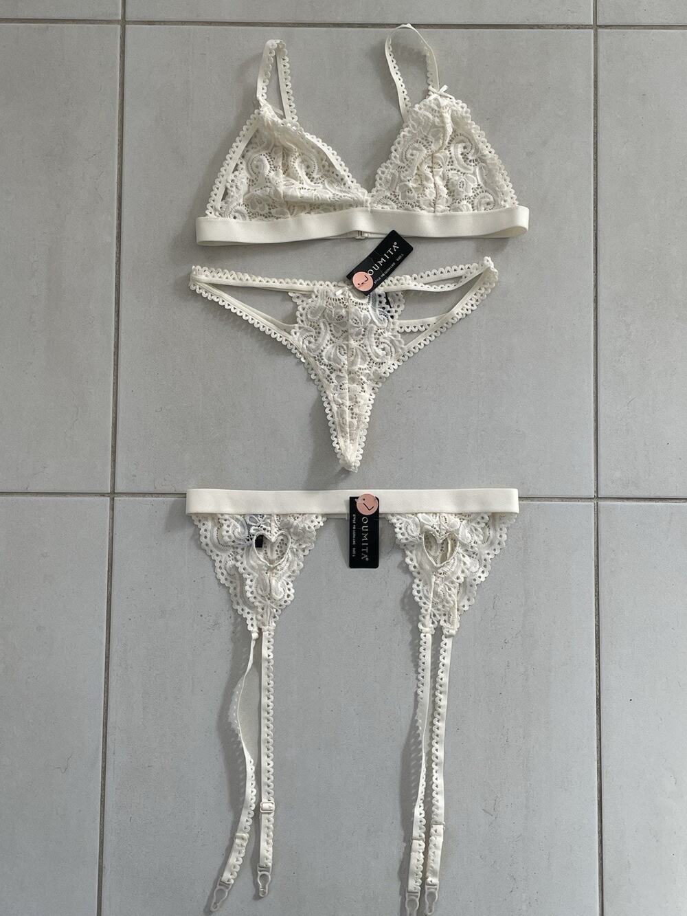 Youmita Lingerie Bralette Thong Garter Set Lace Heart
